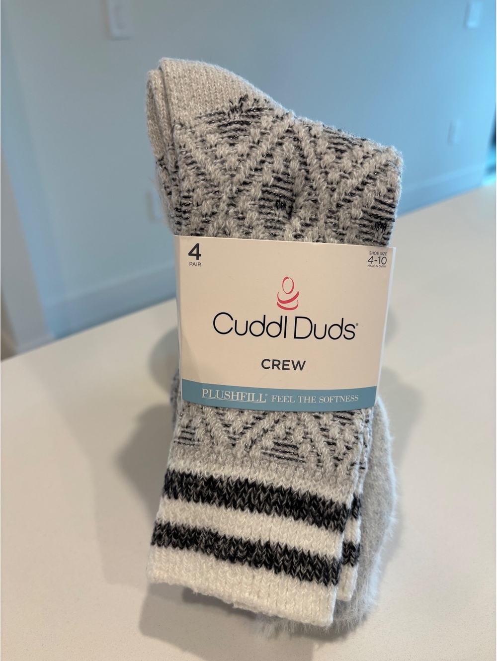 Cuddl Duds Women's Plushfill Crew Socks 4-Pack Size 4-10 Mixed Gray Patterns